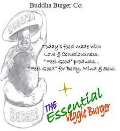 BUDDHA BURGER CO. BUDDHA BURGER TODAY'S FOOD MADE WITH LOVE & CONSCIOUSNESS. 'FEEL GOOD' PRODUCTS... 'FEEL GOOD' FOR BODY, MIND & SOUL. THE ESSENTIAL VEGGIE BURGER logo