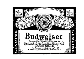 BUDWEISER AB GENUINE LAGER BEER THE WORLD RENOWNED BREWED BY OUR ORIGINAL PROCESS FROM THE CHOICEST HOPS, RICE AND BEST BARLEY MALT BREWED AND BOTTLED BY ANHEUSER-BUSCH, INC. logo