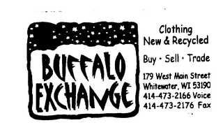 BUFFALO EXCHANGE CLOTHING NEW & RECYCLED BUY SELL TRADE 179 MAIN STREET WHITEWATER, WI 53190 414-473-2166 VOICE 414-473-2176 FAX logo