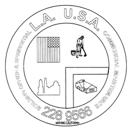 BUILDING OFFICE & RESIDENTIAL COMMERCIAL MAINTENANCE L.A. U.S.A. 228 9566 SERVING CALIFORNIA logo