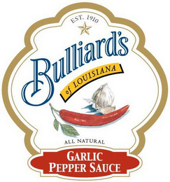 BULLIARD'S OF LOUISIANA GARLIC PEPPER SAUCE ALL NATURAL EST. 1910 logo