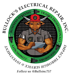 BULLOCK'S ELECTRICAL REPAIR, INC. IMPACT THROUGH SERVICE & INVESTMENT FOLLOW US @BULLSINC757 TRADES PROFESSIONALS NEIGHBORS COMMUNITY logo