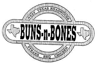 BUNS-N-BONES WEST TEXAS ROADHOUSE STEAKS BBQ CHICKEN logo