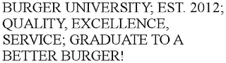 BURGER UNIVERSITY; EST. 2012; QUALITY, EXCELLENCE, SERVICE; GRADUATE TO A BETTER BURGER! logo