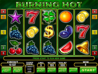BURNING HOT 421 1 35 7  PRESS START TO RUN NEW GAME CREDIT CREDIT 10 537 CHANGE DENOM. 1 CREDIT= 0.01 USD LINES 5 BET/LINE TOTAL BET WIN 0 CASH OUT SEE PAYS HELP 5 LINES ONLY SELECT BET PLAY MAX BET AUTO START logo