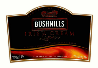 BUSHMILLS IRISH CREAM LIQUEUR PRODUCT OF IRELAND BUSHMILLS AUTHENTIC IRISH CREAM LIQUEUR 750 MLE MADE FROM NATURAL INGREDIENTS 17% ALC BY VOL logo