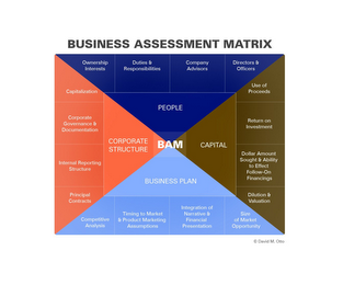 BUSINESS ASSESSMENT MATRIX (BAM) PEOPLE CAPITAL BUSINESS PLAN CORPORATE STRUCTURE OWNERSHIP INTERESTS DUTIES & RESPONSIBILITIES COMPANY ADVISORS DIRECTORS & OFFICERS USE OF PROCEEDS RETURN ON INVESTMENT DOLLAR AMOUNT SOUGHT & ABILITY TO EFFECT FOLLOW-ON FINANCINGS DILUTION & VALUATION SIZE OF MARKET OPPORTUNITY INTEGRATION OF NARRATIVE & FINANCIAL PRESENTATION TIMING TO MARKET & PRODUCT MARKETING ASSUMPTIONS COMPETITIVE ANALYSIS PRINCIPAL CONTRACTS INTERNAL REPORTING STRUCTURE CORPORATE GOVERNANCE & DOCUMENTATION CAPITALIZATION logo