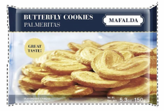 BUTTERFLY COOKIES PALMERITAS MAFALDA GREAT TASTE! PUFF PASTRY COOKIES GOLDEN BROWN NET. WT. CONT. NETO 5.3OZ 150G logo