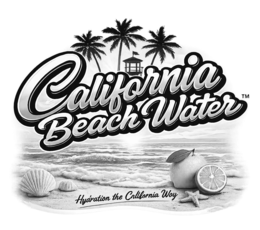 CALIFORNIA BEACH WATER IS SCRIPT FONT WITH PALM TREES AND A LIFEGUARD STATION logo