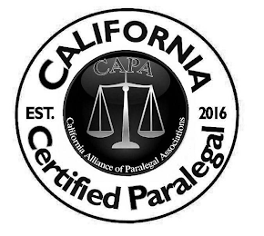CALIFORNIA CERTIFIED PARALEGAL EST. 2016 CAPA CALIFORNIA ALLIANCE OF PARALEGAL ASSOCIATIONS logo