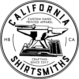 CALIFORNIA SHIRTSMITHS CUSTOM HAND PRINTED APPAREL CRAFTING SINCE 2017 HB CA logo