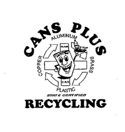 CANS PLUS RECYCLING ALUMINIUM COPPER PLASTIC BRASS GLASS STATE CERTIFIED C.R.V. logo