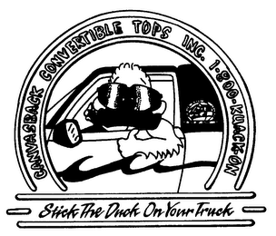 CANVASBACK CONVERTIBLE TOPS INC. 1-800-KUACK-ON STICK THE DUCK ON YOUR TRUCK logo