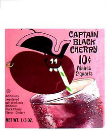 CAPTAIN BLACK CHERRY 10 MAKES 2 QUARTS ARTIFICIALLY SWEETENED SOFT DRINK MIX ARTIFICIAL BLACK CHERRY FLAVOR---DIETARY NET WT. 1/5 OZ. logo