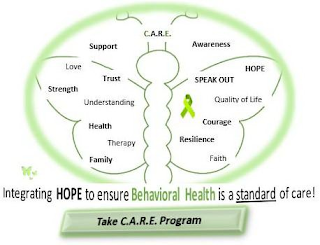 C.A.R.E. SUPPORT LOVE TRUST STRENGTH UNDERSTANDING HEALTH THERAPY FAMILY AWARENESS HOPE SPEAK OUT QUALITY OF LIFE COURAGE RESILIENCE FAITH INTEGRATING HOPE TO ENSURE BEHAVIORAL HEALTH IS STANDARD OF CARE!  TAKE C.A.R.E. PROGRAM logo