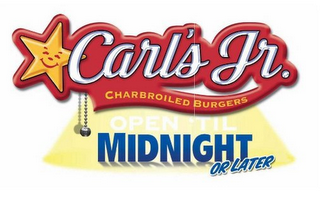 CARL'S JR. CHARBROILED BURGERS OPEN 'TIL MIDNIGHT OR LATER logo
