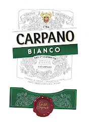 CARPANO BIANCO THE 1ST VERMOUTH ANTICA RICETTA G.B.CARPANO TORINO ORIGINALE 1786 FONDATA IN TORINO PRODOTTO D'ITALIA FRATELLI BRANCA DISTILLERIE MILANO 1786 CARPANO logo