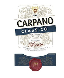 CARPANO CLASSICO THE 1ST VERMOUTH ANTICA RICETTA G.B.CARPANO ROSSO TORINO ORIGINALE 1786 FONDATA IN TORINO PRODOTTO D'ITALIA FRATELLI BRANCA DISTILLERIE MILANO 1786 CARPANO logo