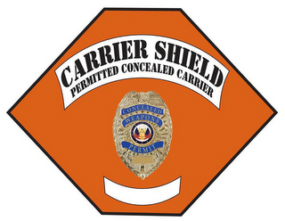 CARRIER SHIELD PERMITTED CONCEALED CARRIER CONCEALED WEAPONS PERMIT LIBERTY & JUSTICE FOR ALL logo