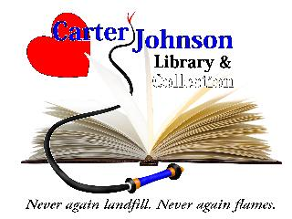 CARTER JOHNSON LIBRARY & COLLECTION NEVER AGAIN LANDFILL. NEVER AGAIN FLAMES. logo
