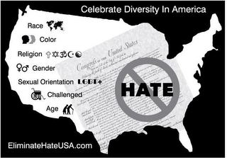 CELEBRATE DIVERSIDTY IN AMERICA RACE COLOR RELIGION GENDER SEXUAL ORIENTATION LGBT+ CHALLENGED AGE HATE ELIMINATEHATEUSA.COM CONGRESS OF THE UNITED STATES logo