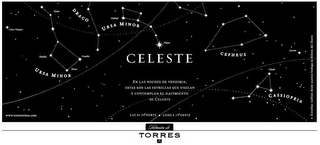 CELESTE. EN LAS NOCHES DE VENDIMIA ESTAS SON LAS ESTRELLAS QUE VIGILAN Y CONTEMPLAN EL NACIMIENTO DE CELESTE. LAT. 41, 54° NORTE LONG. 4, 14° OESTE. SELECCIÓN DE TORRES. logo