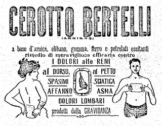 CEROTTO BERTELLI (ARNIKOS) A BASE D'ARNICA, OLIBANO, GOMMA, FERRO E PETROLATI ECCITANTI RIMEDIO DI MERAVIGLIOSA EFFICACIA CONTRO I DOLORI ALLE RENI AL DORSO, AL PETTO SPASIMI SCIATICA AFFANNO ASMA DOLORI LOMBARI PRODOTTI DALLA GRAVIDANZA A. BERTELLI & C. MILAND logo