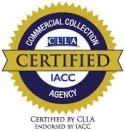 CERTIFIED COMMERCIAL COLLECTION AGENCY CLLA IACC CERTIFIED BY CLLA ENDORSED BY IACC logo