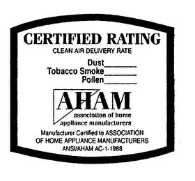 CERTIFIED RATING CLEAN AIR DELIVERY RATE DUST TOBACCO SMOKE POLLEN AHAM ASSOCIATION OF HOME APPLIANCE MANUFACTURERS MANUFACTURER CERTIFIED TO ASSOCIATION OF HOME APPLIANCE MANUFACTURER ANSI/AHAM AC-1-1988 logo