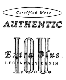 CERTIFIED WEAR AUTHENTIC EXTRA BLUE LEGENDARY DENIM I.O.U. logo