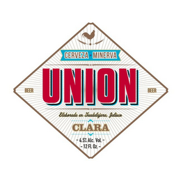 CERVEZA MINERVA BEER UNION BEER ELABORADA EN GUADALAJARA, JALISCO CLARA 4.5% ALC. VOL. 12 FL OZ. logo