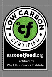 °CF LOW CARBON CERTIFIED EAT COOLYFOOD.ORG CERTIFIED BY WORLD RESOURCES INSTITUTE logo