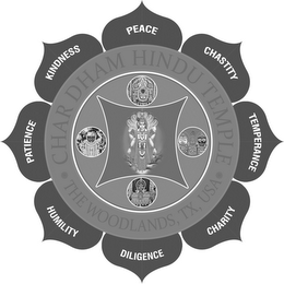 CHARDHAM HINDU TEMPLE THE WOODLANDS, TX, USA PEACE, CHASTITY, TEMPERANCE, CHARITY, DILIGENCE, HUMILITY, PATIENCE, KINDNESS logo