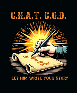 C.H.A.T. G.O.D. I AM…HOPE JOY PEACE PURPOSE ! TEMPTATION ?! PRESSURE ! FEAR ? DOUBT ?!! MISERY ? ANXIETY ! TURMOIL ? DESPAIR ! ANGER ? BITTERNESS !?!?? STRIFE ?! CONFUSION ?! LET HIM WRITE YOUR STORY logo