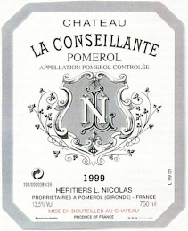 CHATEAU LA CONSEILLANTE POMEROL APPELLATION POMEROL CONTROLEE NL 1999 HERITIERS L. NICOLAS PROPRIETAIRES A POMEROL (GIRONDE)  FRANCE 13,5% VOL. 750 ML MISE EN BOUTEILLES AU CHATEAU PRODUCE OF FRANCE 100/00D0380/26 L 99 011999 logo