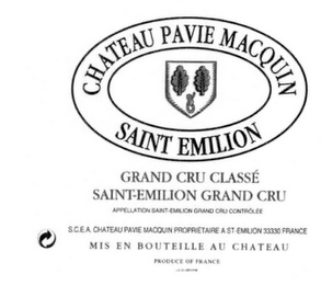 CHATEAU PAVIE MACQUIN SAINT EMILION GRAND CRU CLASSÉ SAINT-EMILION GRAND CRU APPELLATION SAINT-EMILION GRAND CRU CONTR0LE S.C.E.A. CHATEAU PAVIE MACQUIN PROPRIETAIRE A ST-EMILION 33330 FRANCE MIS EN BOUTEILLE AU CHATEAU PRODUCE OF FRANCE logo