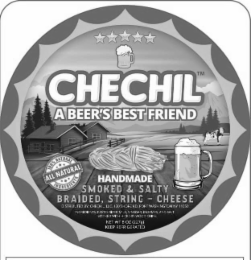 CHECHIL A BEER’S BEST FRIEND 100% ALL NATURAL INGREDIENTS HANDMADE SMOKED & SALTY BRAIDED, STRING – CHEESE DISTRIBUTED BY CHECHIL LLC. 130 SHORE RD, PORT WASHINGTON NY 11050 INGREDIENTS:  PASTEURIZED MILK, VINEGAR, ENZYMES, AND SALT. SMOKED WITH HICKORY WOOD CHIPS NET WT 8 OZ (227G) KEEP REFRIGERATED logo