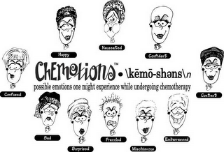 CHEMOTIONS \KEMO-SHEN\N POSSIBLE EMOTIONS ONE MIGHT EXPERIENCE WHILE UNDERGOING CHEMOTHERAPY HAPPY NAUSEATED CONFIDENT CONTENT EMBARASSED MISCHIEVOUS FRAZZLED SURPRISED SAD CONFUSED logo