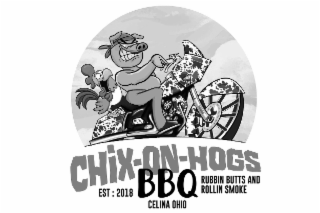 CHIX-ON-HOGS BBQ EST : 2018 CELINA OHIO RUBBIN BUTTS AND ROLLIN SMOKE logo