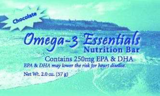 CHOCOLATE OMEGA-3 ESSENTIALS NUTRITION BAR CONTAIN 250MG EPA & DHA EPA & DHA MAY LOWER THE RISK FOR HEART DISEASE.  NET WT.  2.0 OZ.  (57 G) logo
