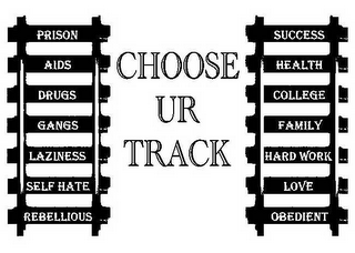 CHOOSE UR TRACK PRISON AIDS DRUGS GANGS LAZINESS SELF HATE REBELLIOUS SUCCESS HEALTH COLLEGE FAMILY HARD WORK LOVE OBEDIENT logo