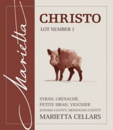 CHRISTO MARIETTA LOT NUMBER 1 SYRAH, GRENACHE, PETITE SIRAH, VIOGNIER SONOMA COUNTY, MENDOCINO COUNTY MARIETTA CELLARS logo