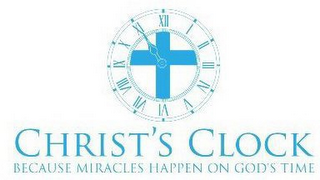 CHRIST'S CLOCK BECAUSE MIRACLES HAPPEN ON GOD'S TIME I II III IV V VI VII VIII IX X XI XII logo