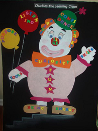 CHUCKLES THE LEARNING CLOWN, CONFIDENCE, VALUE, TRUST, LIKE, CURIOSITY, TOOLS, SKILLS, FUN, BEING, ENERGY, LISTENING, PURPOSE logo