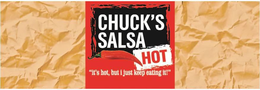 CHUCK'S SALSA 'IT'S HOT, BUT I JUST KEEP EATING IT" logo