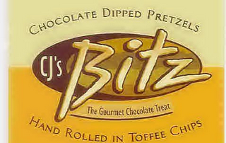 CJ'S BITZ THE GOURMET CHOCOLATE TREAT CHOCOLATE DIPPED PRETZELS HAND ROLLED IN TOFFEE CHIPS logo