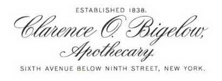 CLARENCE O. BIGELOW, APOTHECARY. ESTABLISHED 1838. SIXTH AVENUE BELOW NINTH STREET, NEW YORK. logo