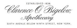 CLARENCE O. BIGELOW, APOTHECARY. ESTABLISHED 1838. SIXTH AVENUE BELOW NINTH STREET, NEW YORK. logo
