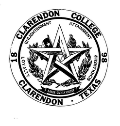 CLARENDON COLLEGE 1898 CLARENDON TEXAS LOYALTY ENLIGHTENMENT ATTAINMENT SCHOLARSHIP LABOR OMNIA VINCET logo