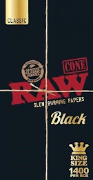 CLASSIC GENUINE CLASSIC FIBERS AUTHENTIC RAWESOME RAW CONE SLOW BURNING PAPERS BLACK KING SIZE 1400 PER BOX logo